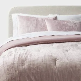 New - 3pc Full/Queen Luxe Distressed Crinkle Velvet Comforter and Sham Set Mauve - Threshold