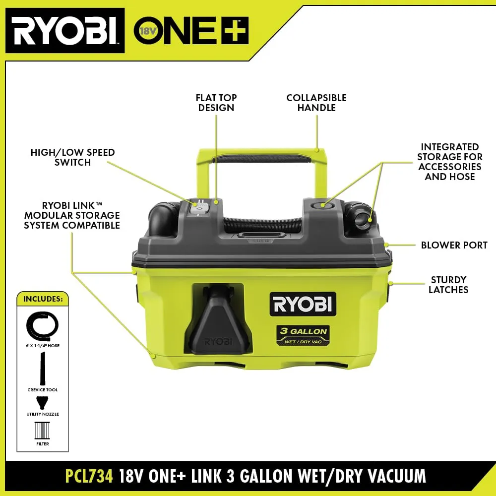 Open Box -  RYOBI ONE  18V LINK Cordless 3 Gal. Wet/Dry Vacuum (Tool Only), Greens