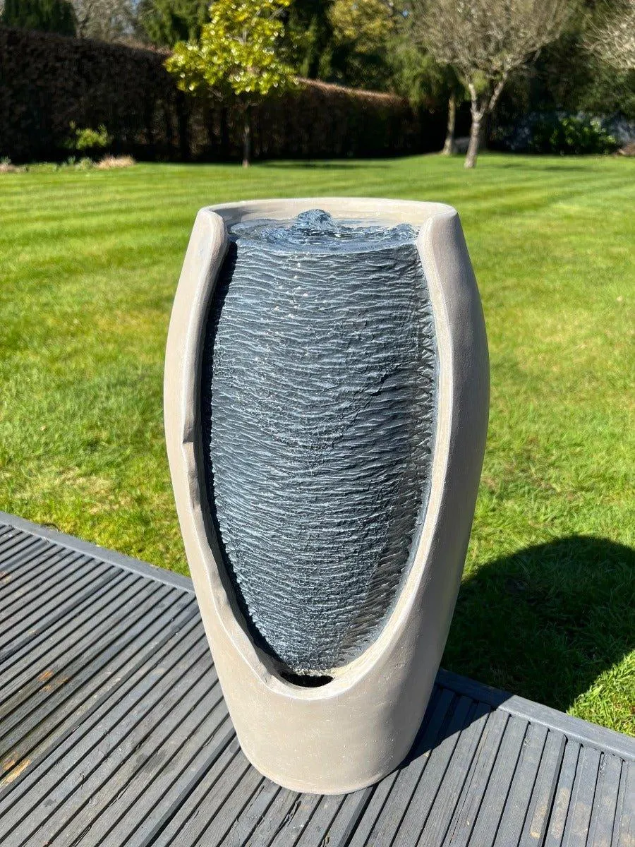 Open Vase White/Grey Water Feature with LED Lights - Solar Powered 27x25x50cm