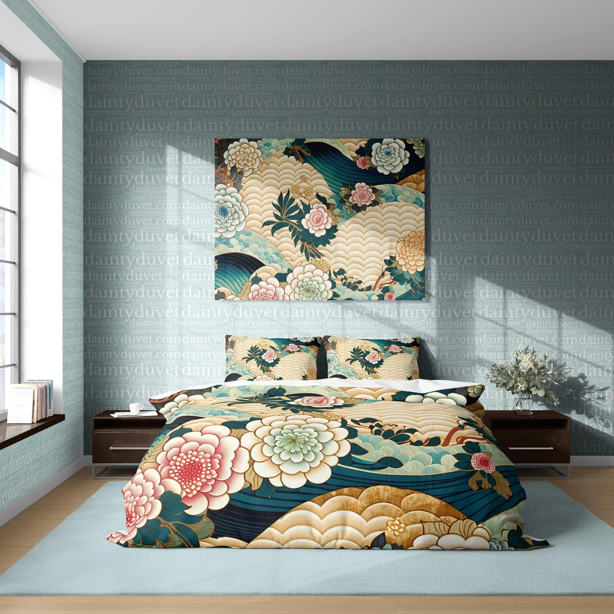 Oriental Pattern Duvet Cover Fish Scale Quilt Cover, Great Wave Bedding Set Chrysanthemum Bedspread, Japanese Pattern Blanket Cover