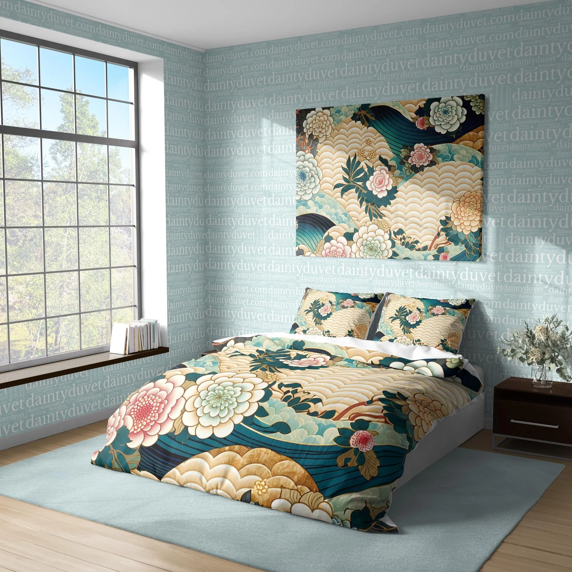 Oriental Pattern Duvet Cover Fish Scale Quilt Cover, Great Wave Bedding Set Chrysanthemum Bedspread, Japanese Pattern Blanket Cover