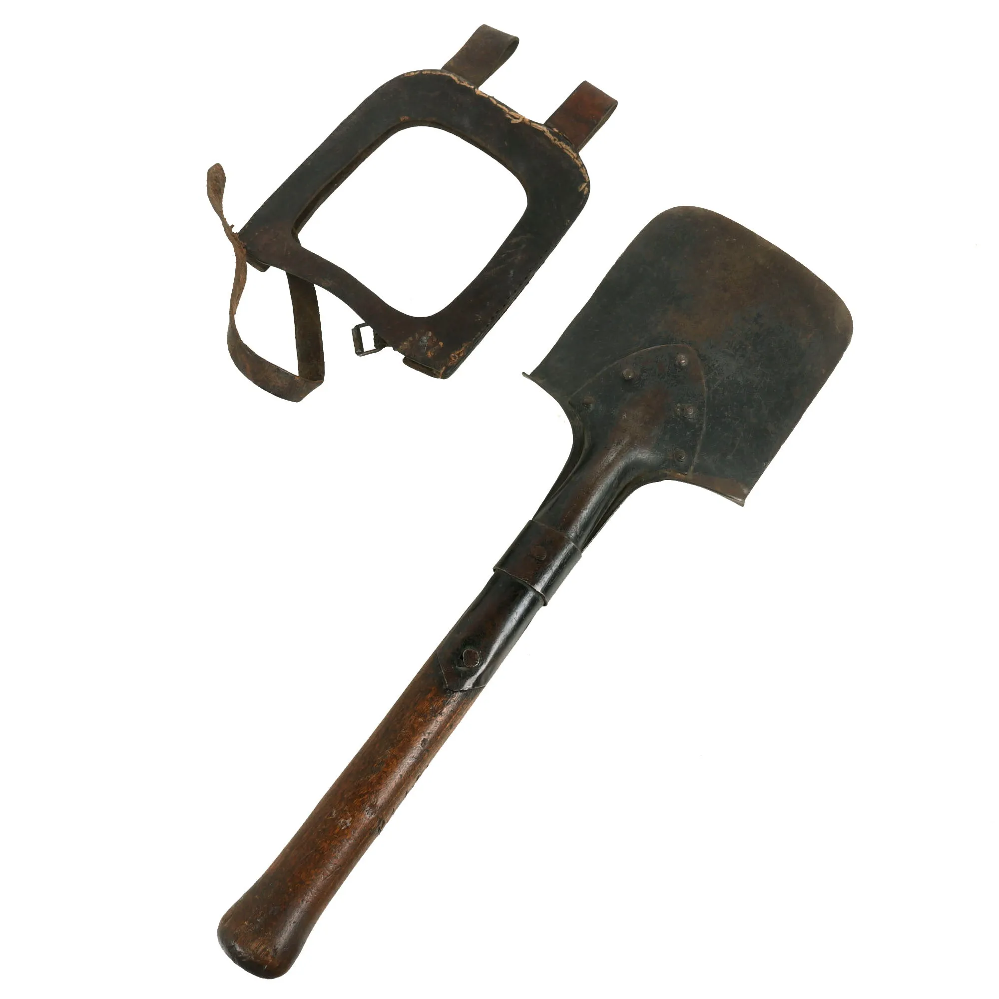 Original Imperial German WWI Short Entrenching Tool Shovel with Leather Carrier with Maker’s Mark