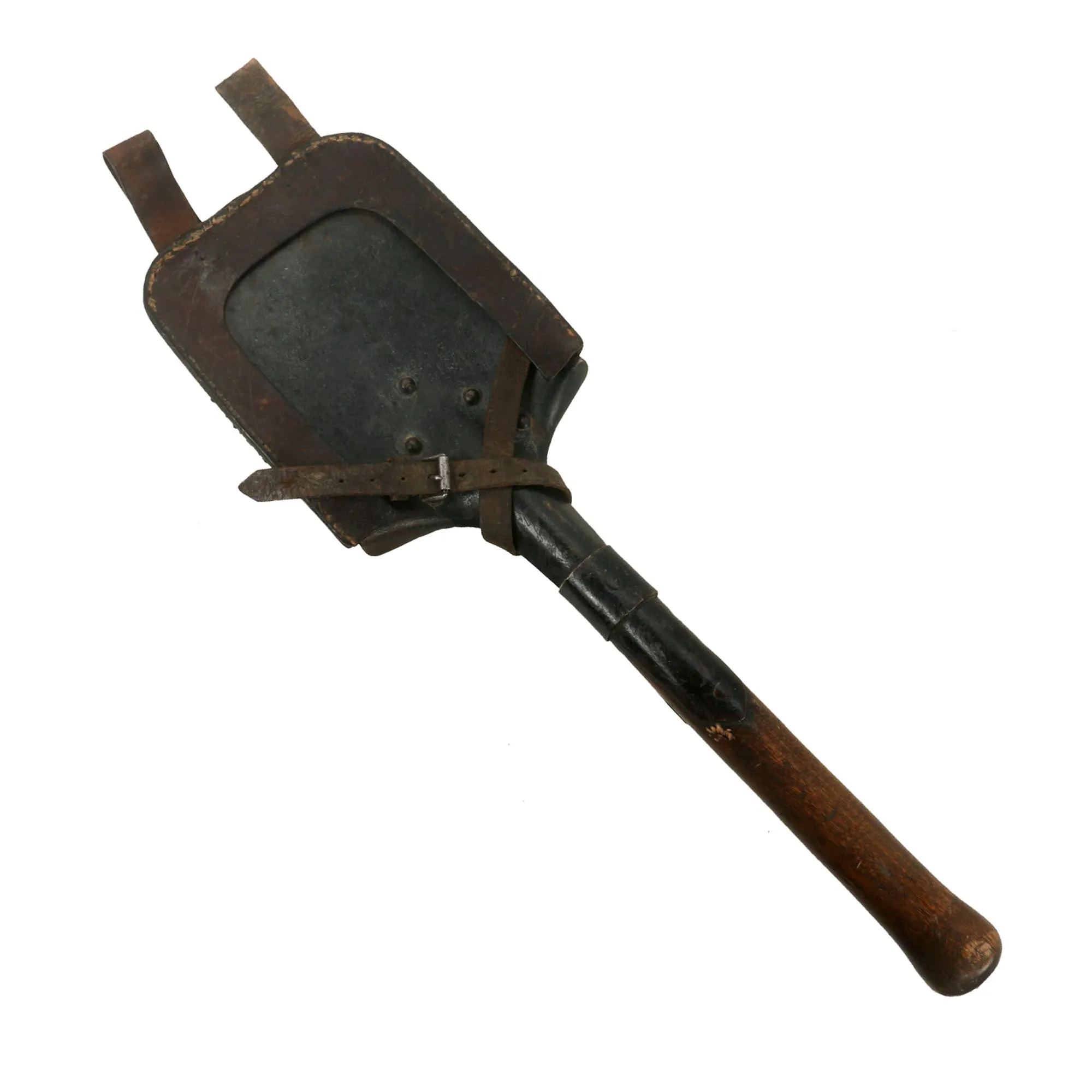 Original Imperial German WWI Short Entrenching Tool Shovel with Leather Carrier with Maker’s Mark