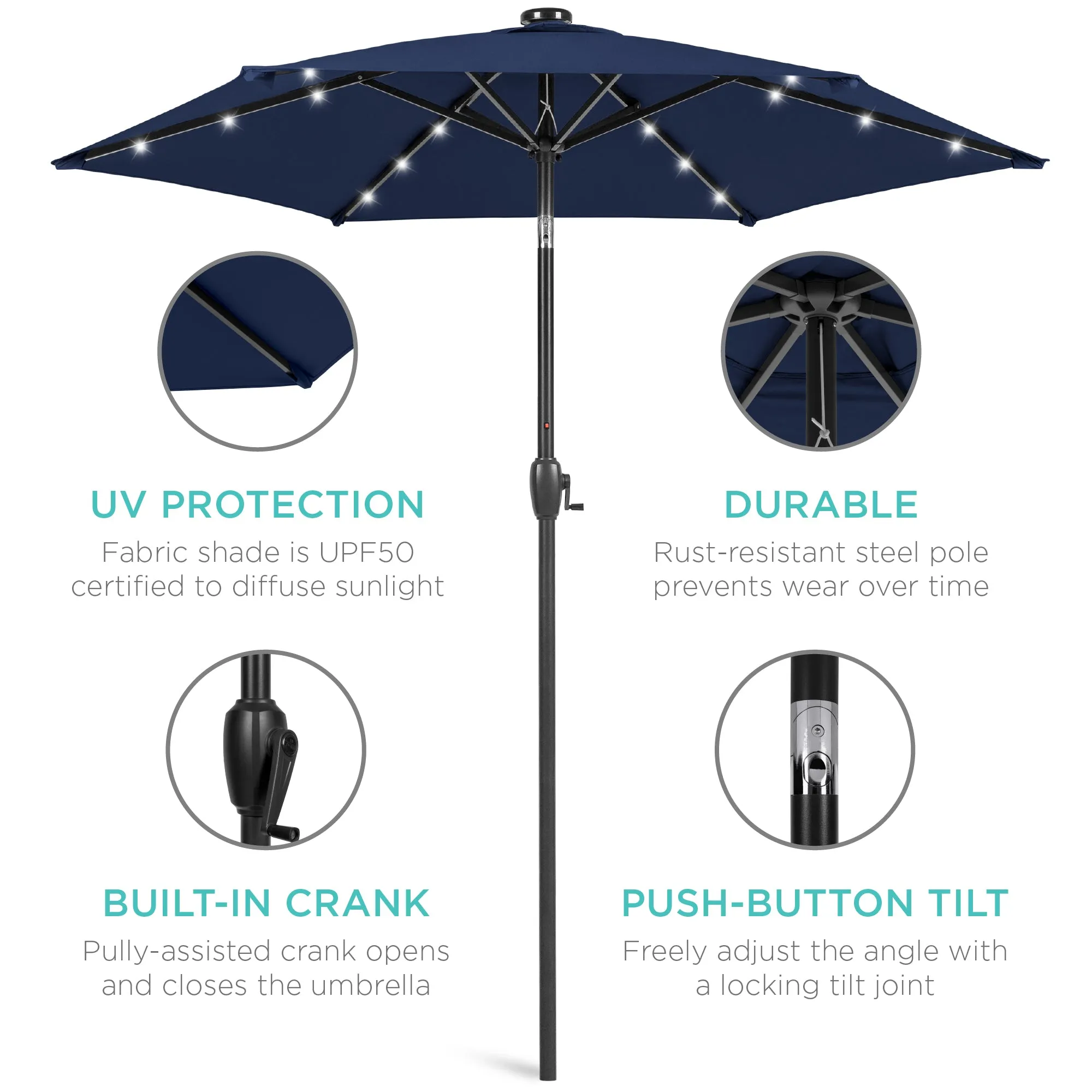 Outdoor Solar Patio Umbrella w/ Push Button Tilt, Crank Lift - 7.5ft