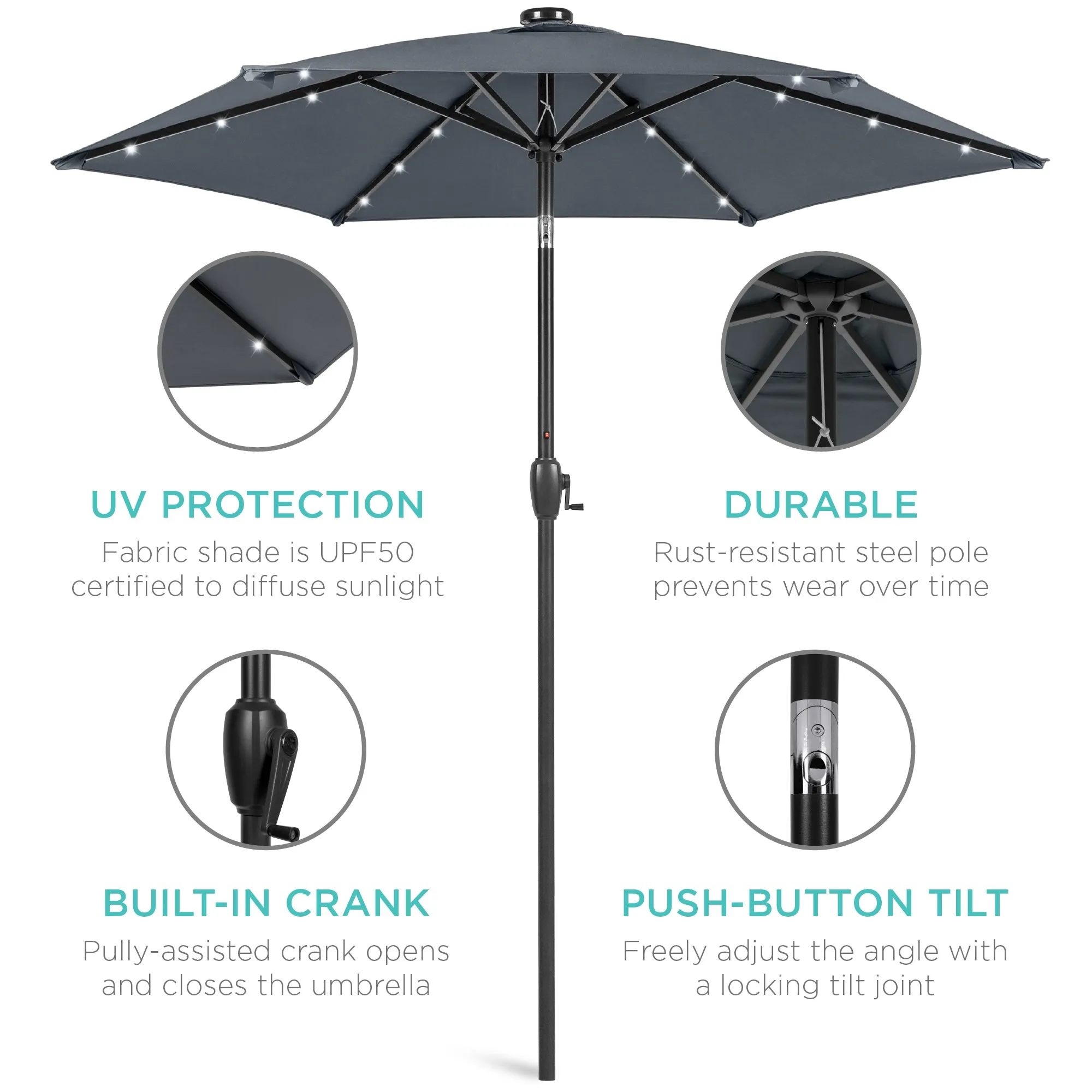 Outdoor Solar Patio Umbrella w/ Push Button Tilt, Crank Lift - 7.5ft