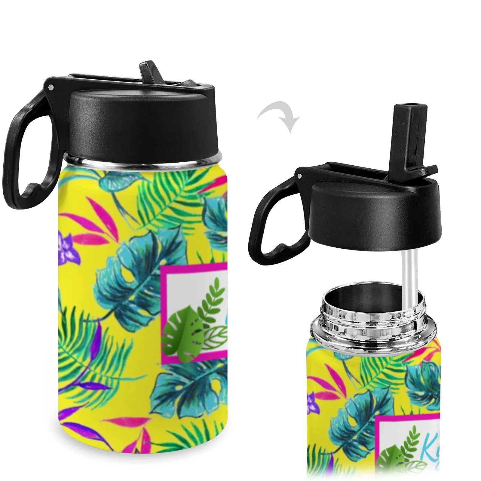 Personalised Stainless Steel Water Bottle with Handle, Straw & Chug Spout - Unique Patterns I