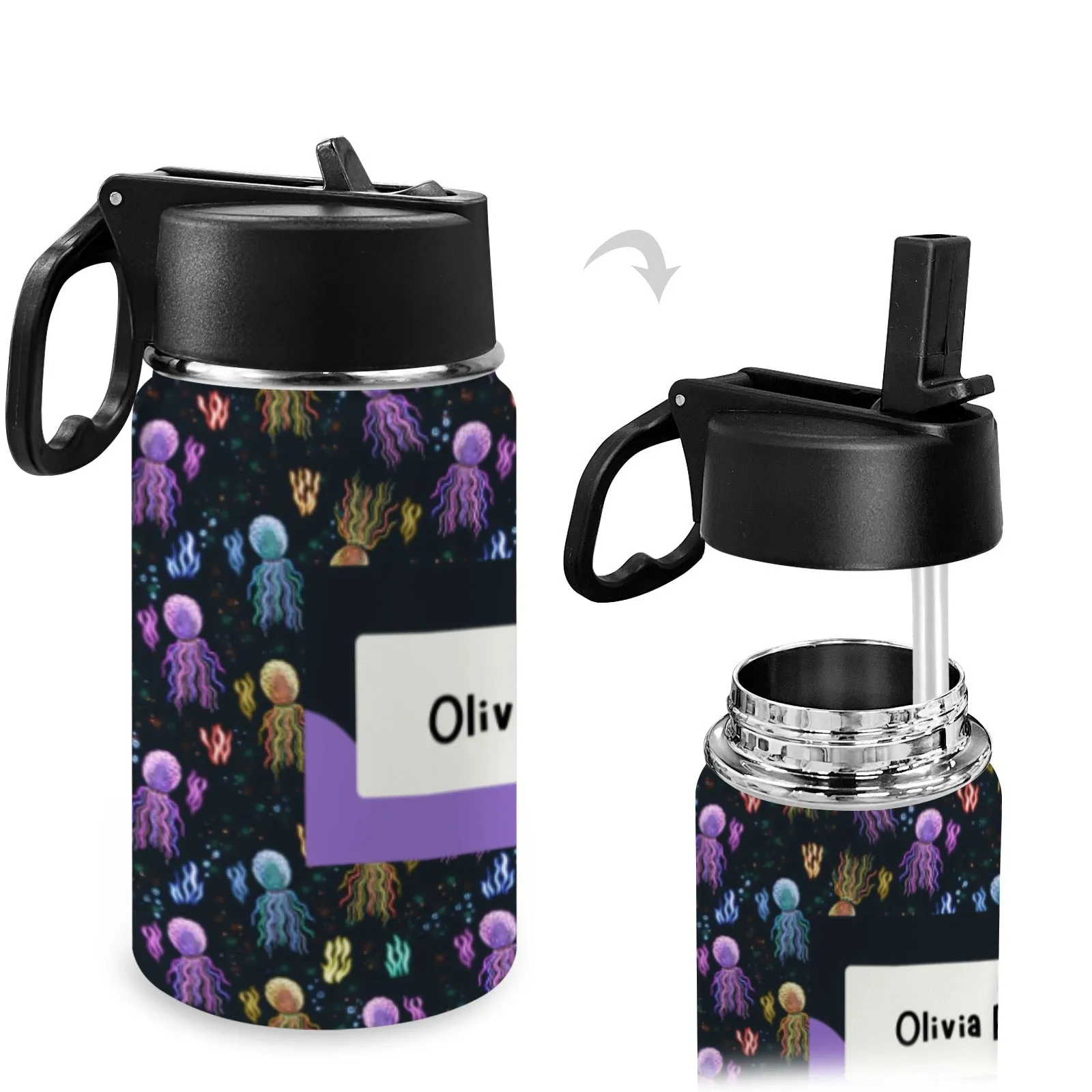 Personalised Stainless Steel Water Bottle with Handle, Straw & Chug Spout - Unique Patterns I