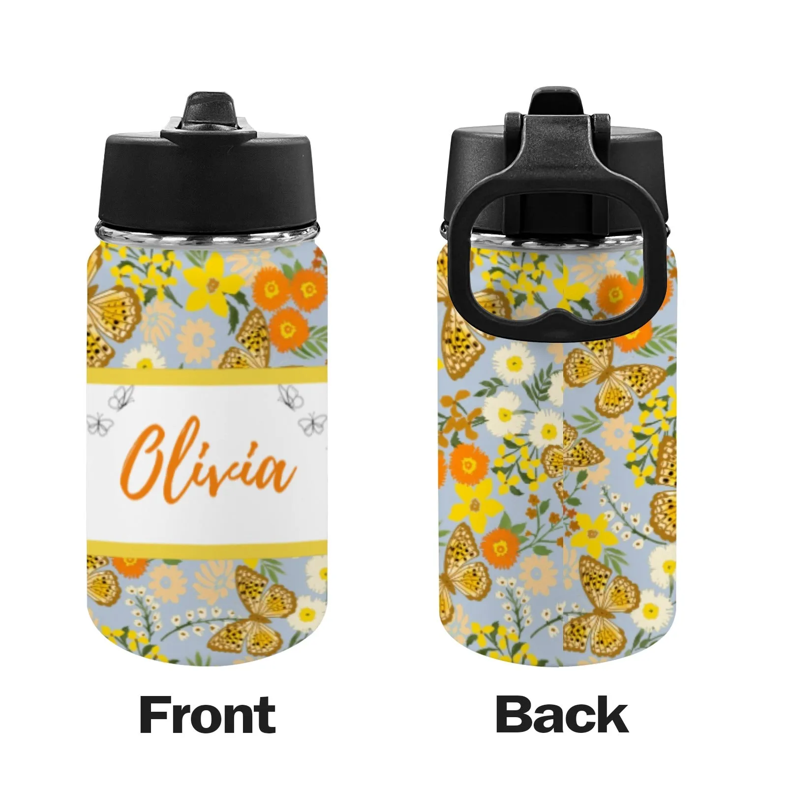 Personalised Stainless Steel Water Bottle with Handle, Straw & Chug Spout - Unique Patterns I