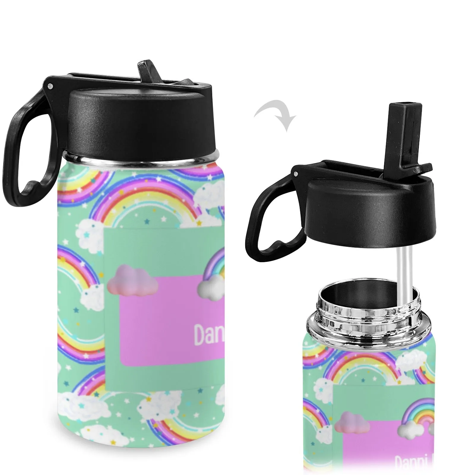 Personalised Stainless Steel Water Bottle with Handle, Straw & Chug Spout - Unique Patterns I