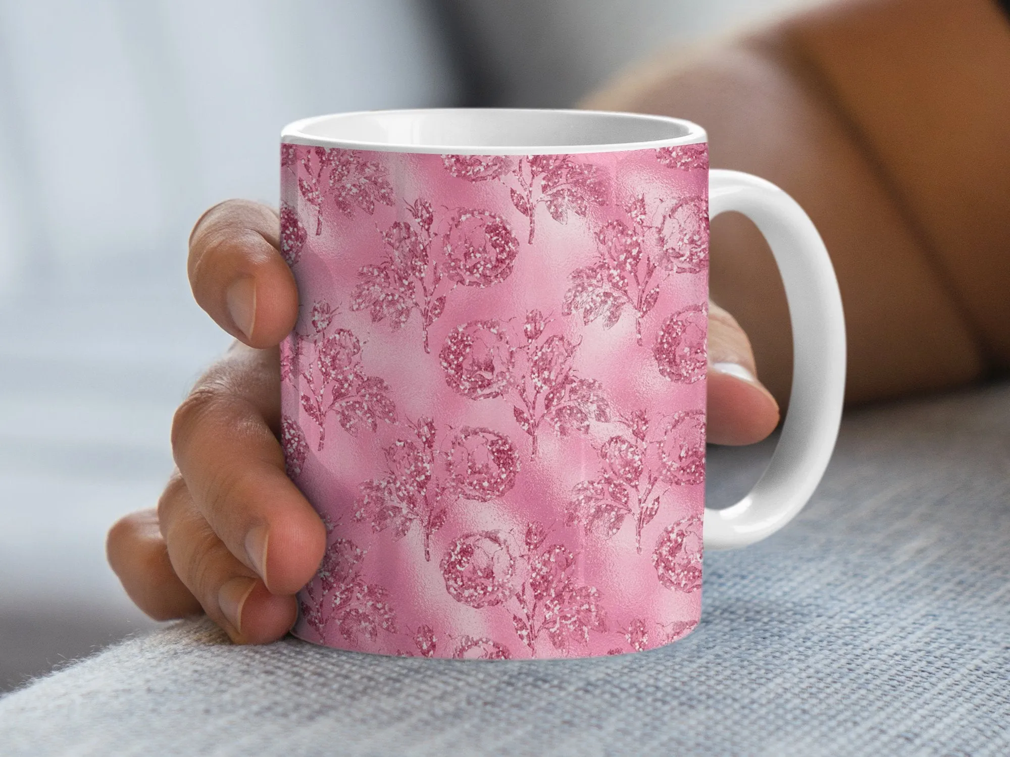 Pink Faux Glitter Floral Mug, 11oz Rose Garden Coffee Cup, Elegant Tea Mug