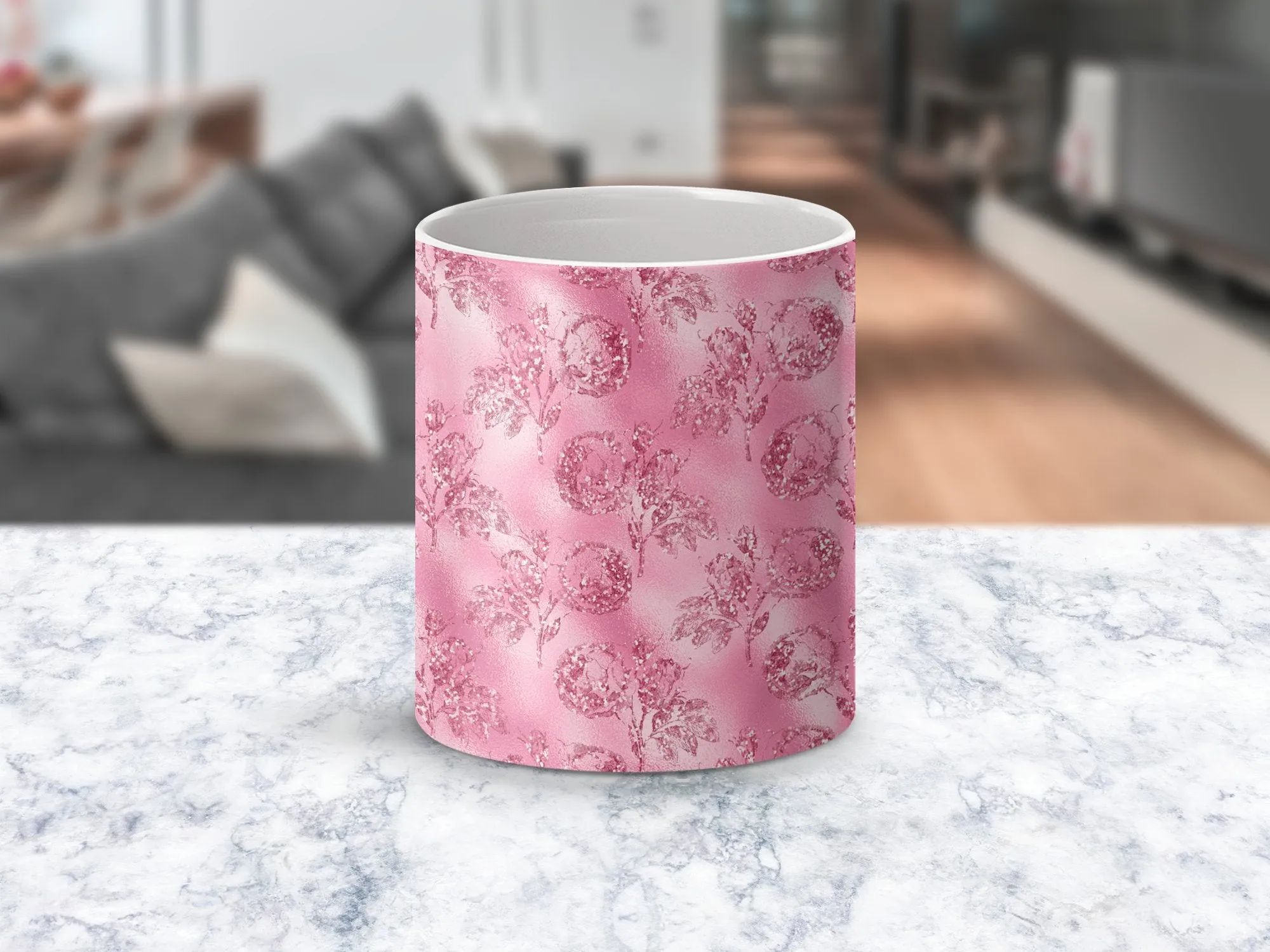 Pink Faux Glitter Floral Mug, 11oz Rose Garden Coffee Cup, Elegant Tea Mug