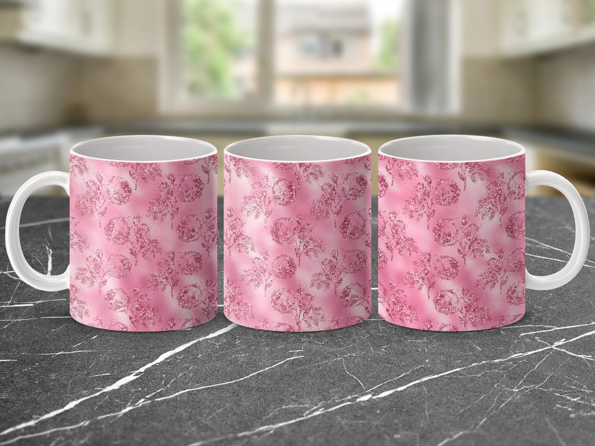 Pink Faux Glitter Floral Mug, 11oz Rose Garden Coffee Cup, Elegant Tea Mug