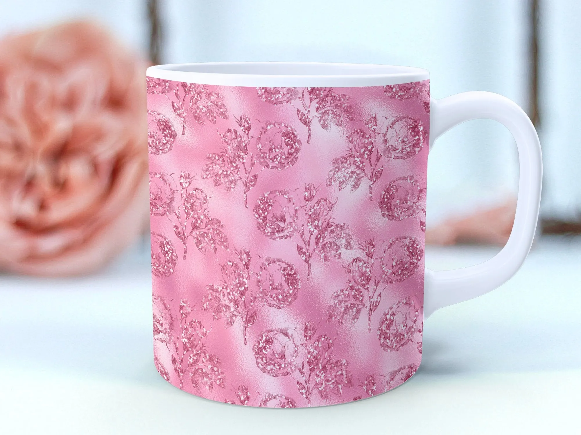 Pink Faux Glitter Floral Mug, 11oz Rose Garden Coffee Cup, Elegant Tea Mug