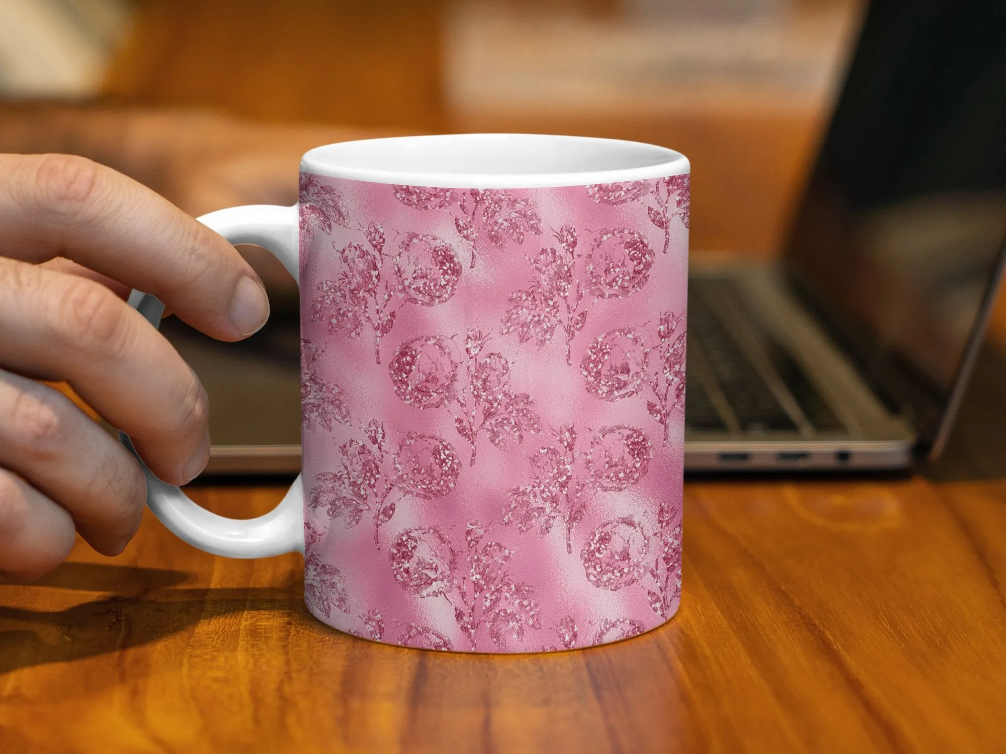 Pink Faux Glitter Floral Mug, 11oz Rose Garden Coffee Cup, Elegant Tea Mug