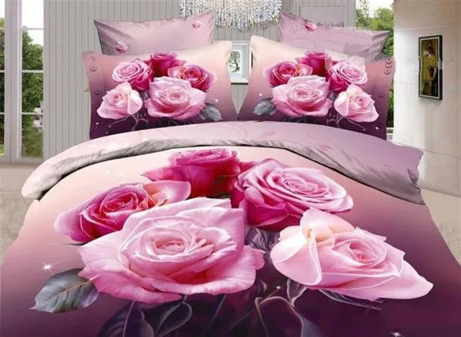 Pink Roses 3D Printed Cotton Luxury 4-Piece Bedding Sets/Duvet Covers