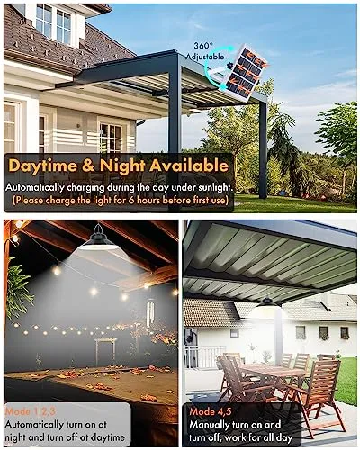 POBOMVOM Solar Pendant Light Outdoor Indoor, 1200LM Solar Shed Light with Motion Sensor/Remote/Timer/5 Lighting Modes, Waterproof LED Solar Lights for Inside House, Gazebo, Patio, Barn