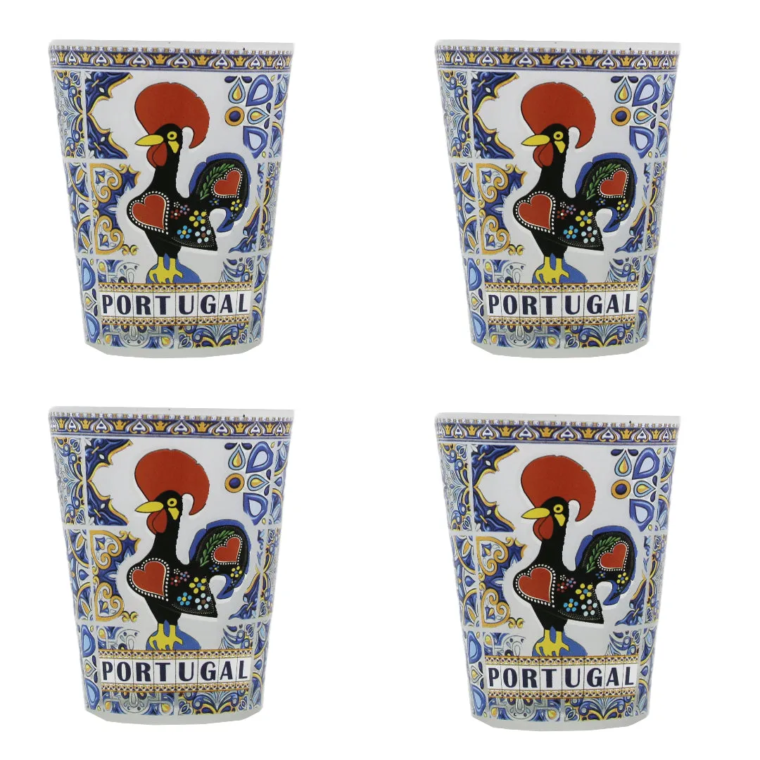 Portuguese Azulejo Tile Good Luck Rooster Sardine Themed Shot Glass, Set of 4