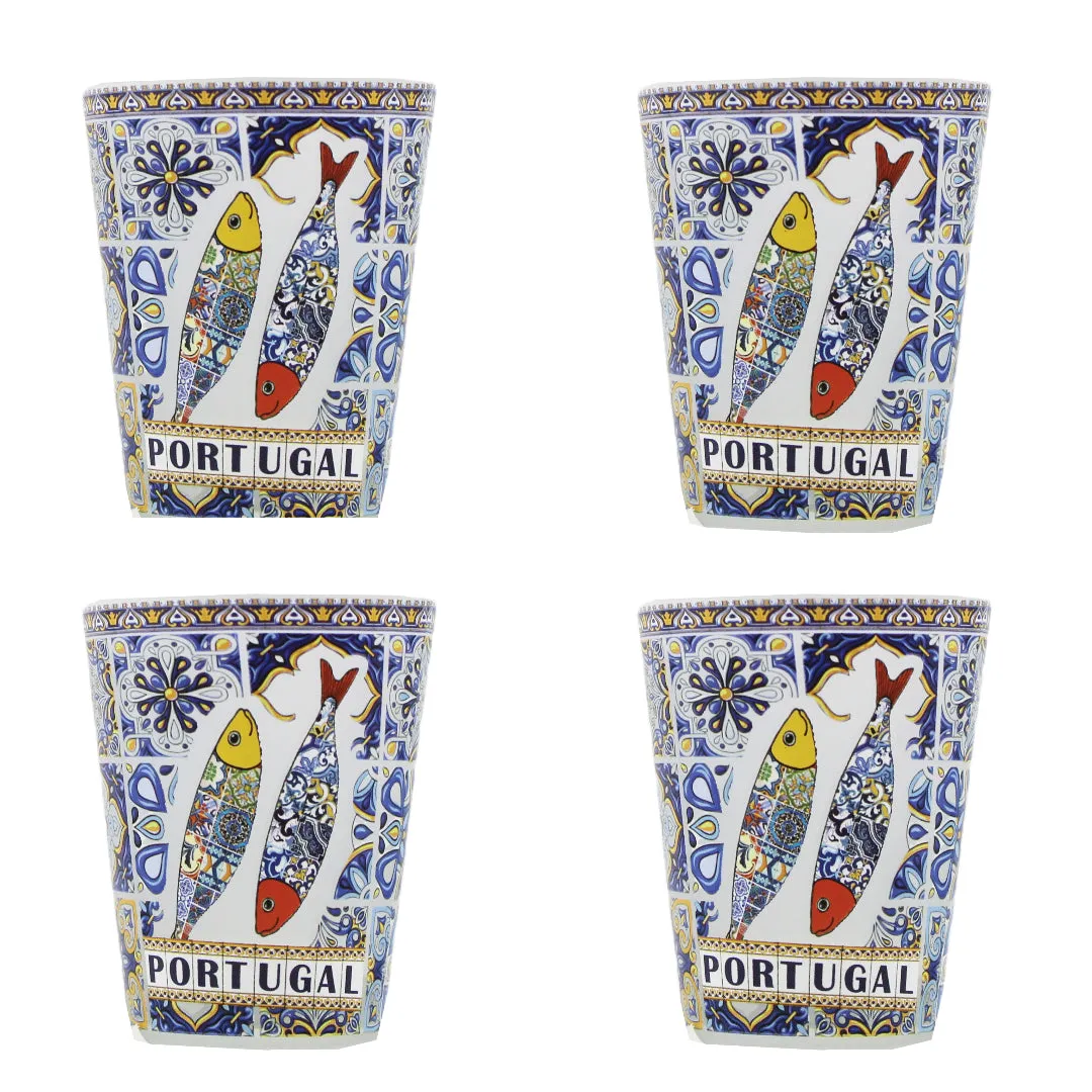 Portuguese Azulejo Tile Good Luck Rooster Sardine Themed Shot Glass, Set of 4