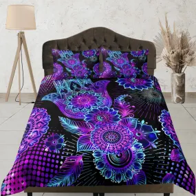 Psychedelic mandala purple duvet cover hippie bedding set full, queen, king, preppy dorm bedding, indie room decor, aesthetic bedspread y2k