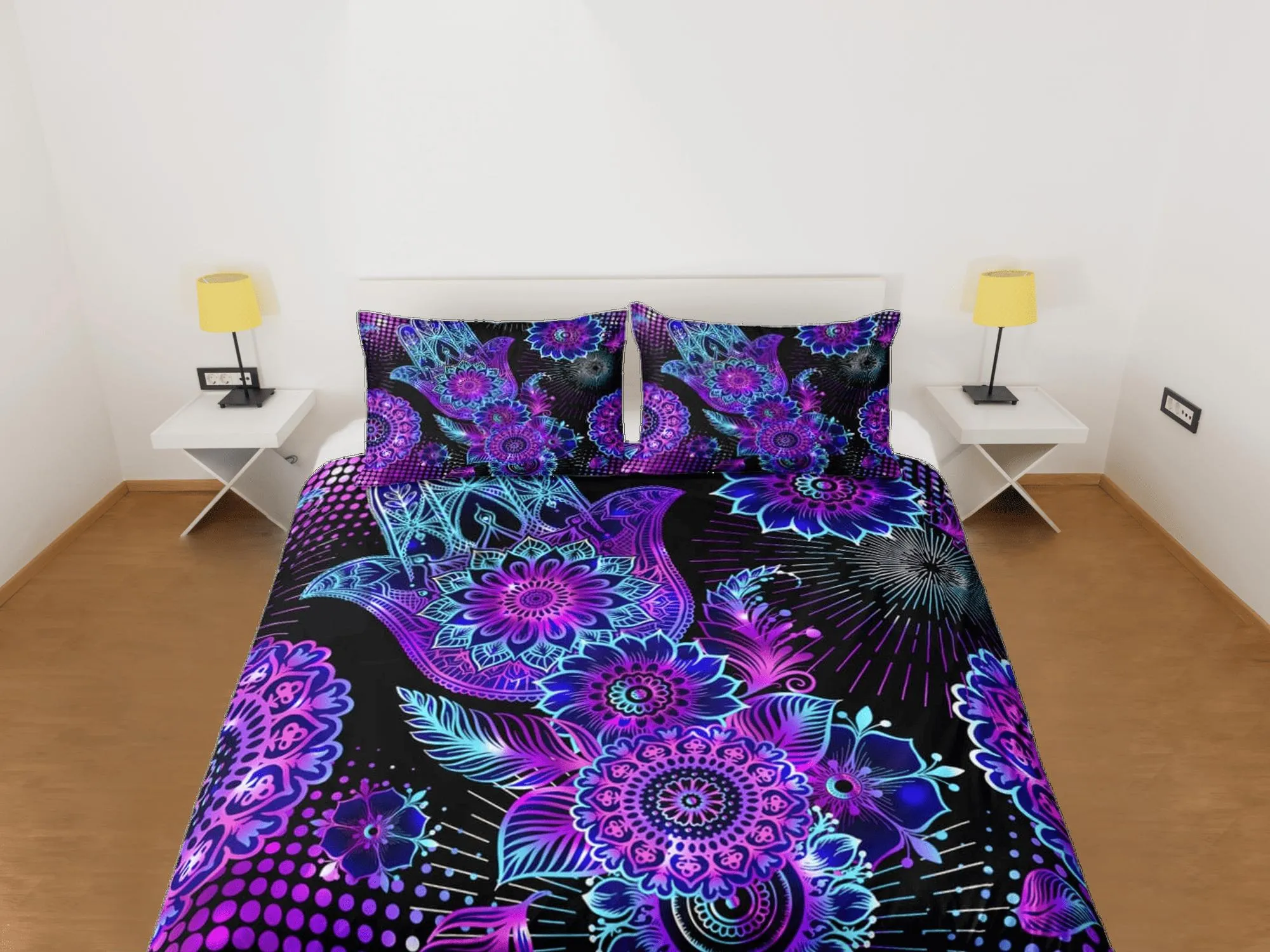 Psychedelic mandala purple duvet cover hippie bedding set full, queen, king, preppy dorm bedding, indie room decor, aesthetic bedspread y2k