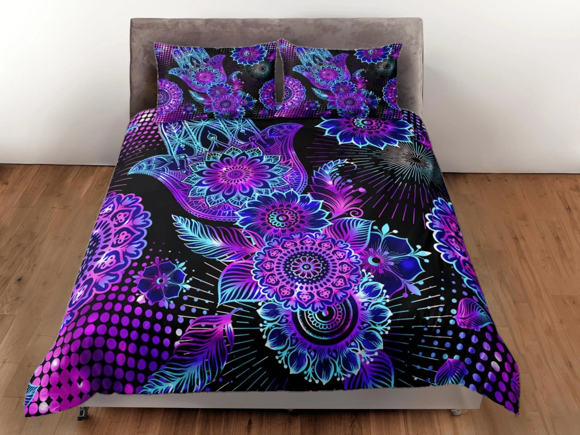 Psychedelic mandala purple duvet cover hippie bedding set full, queen, king, preppy dorm bedding, indie room decor, aesthetic bedspread y2k