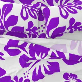 Purple Hawaiian Flowers on White Sheet Set from Surfer Bedding™️ Large Scale