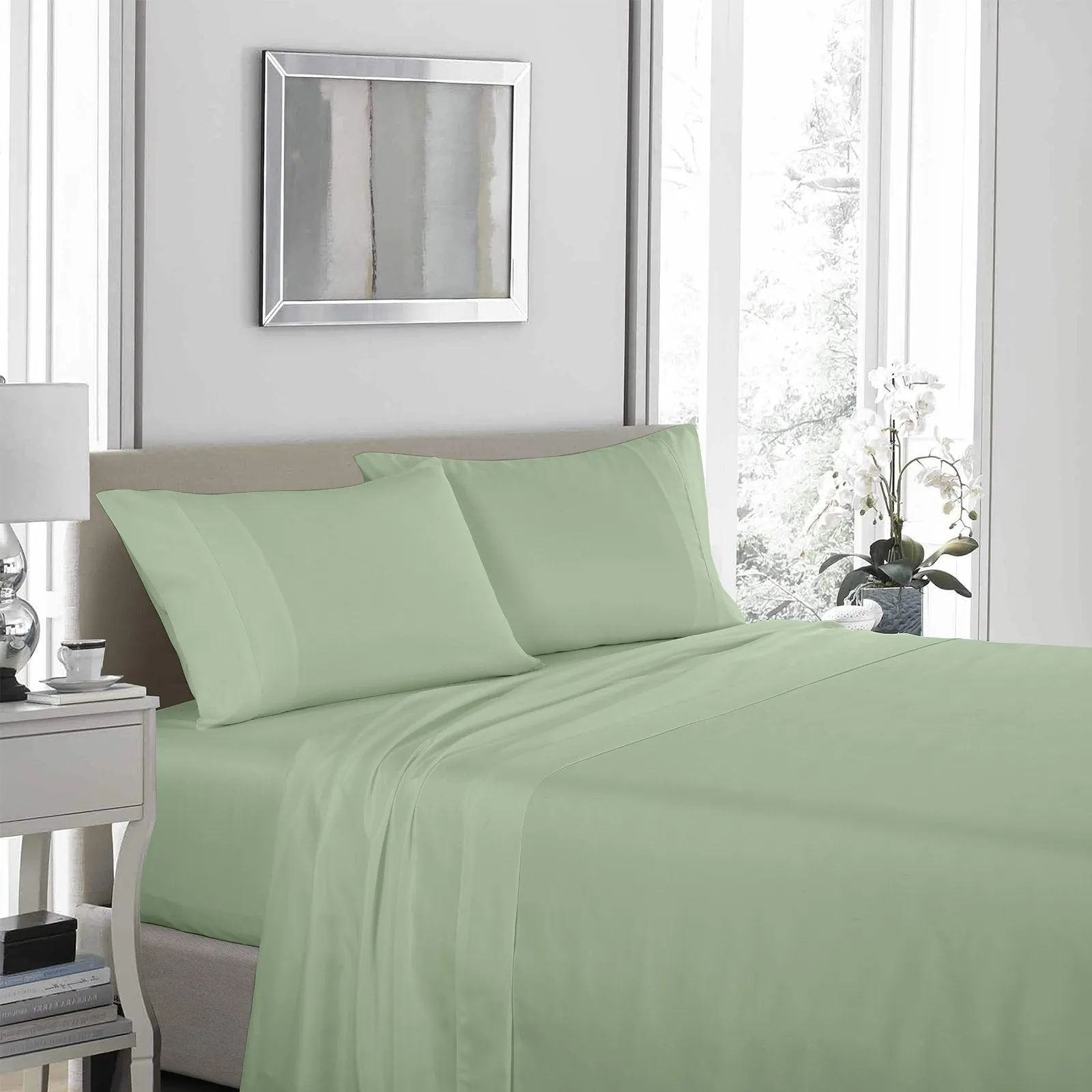 Royal Comfort 1200 Thread Count Sheet Set 4 Piece Ultra Soft Satin Weave Finish Queen Sage Green