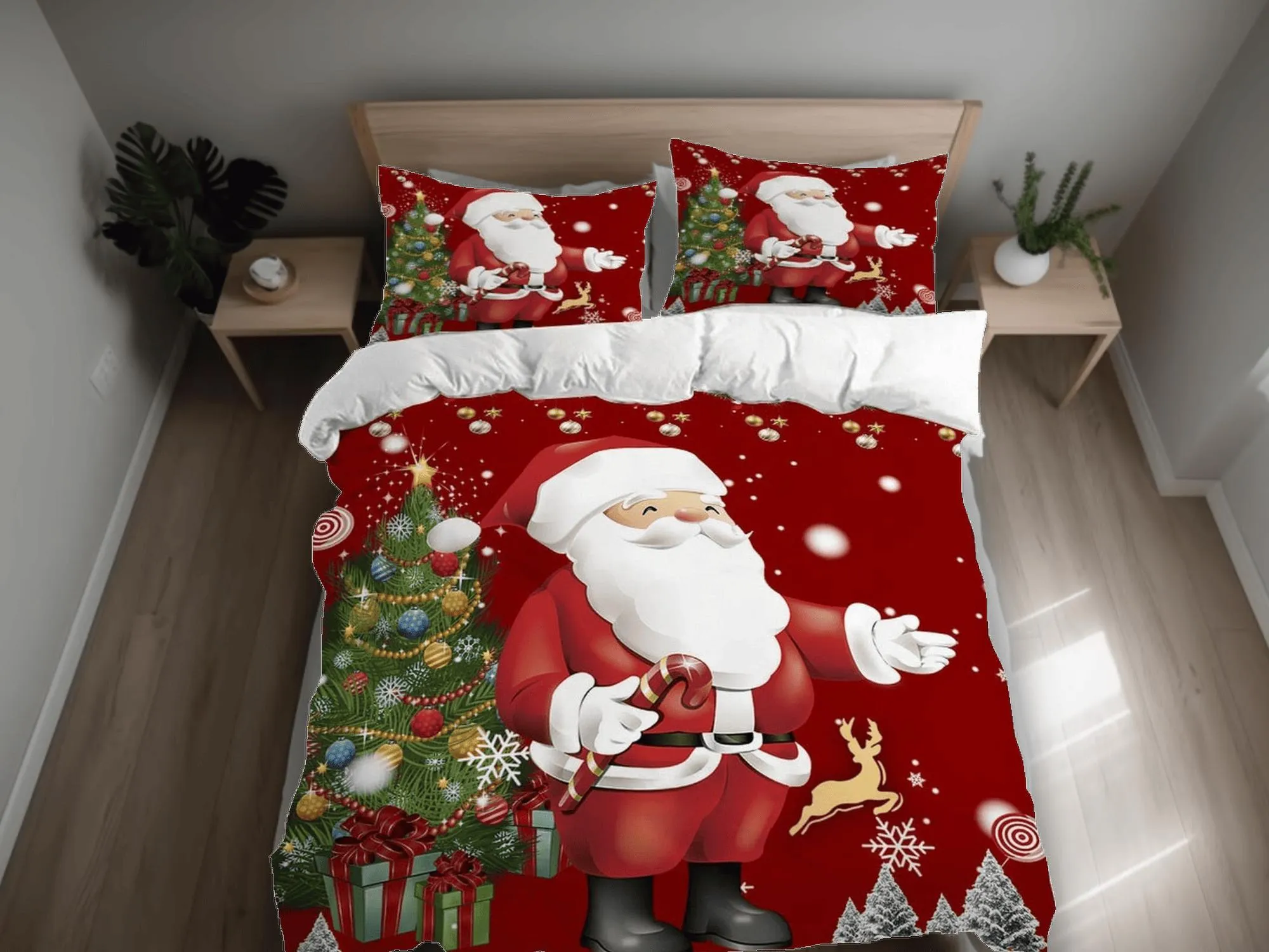 Santa Claus and Christmas tree bedding & pillowcase holiday gift duvet cover king queen twin toddler bedding baby Christmas farmhouse decor