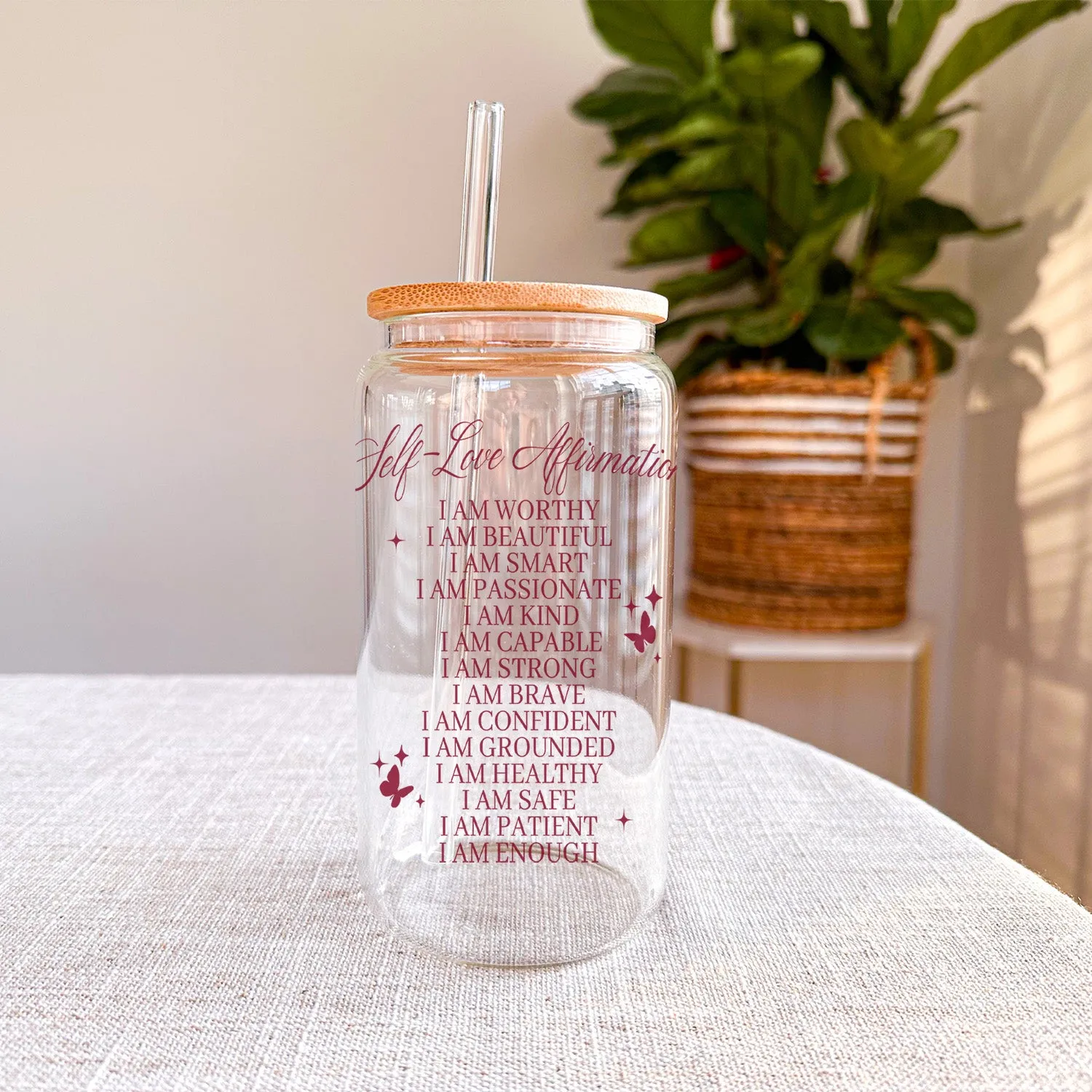 Self Love Affirmations Iced Coffee Glass Can Tumbler - 16oz Inspirational Quotes Coffee Cup - Daily Affirmations