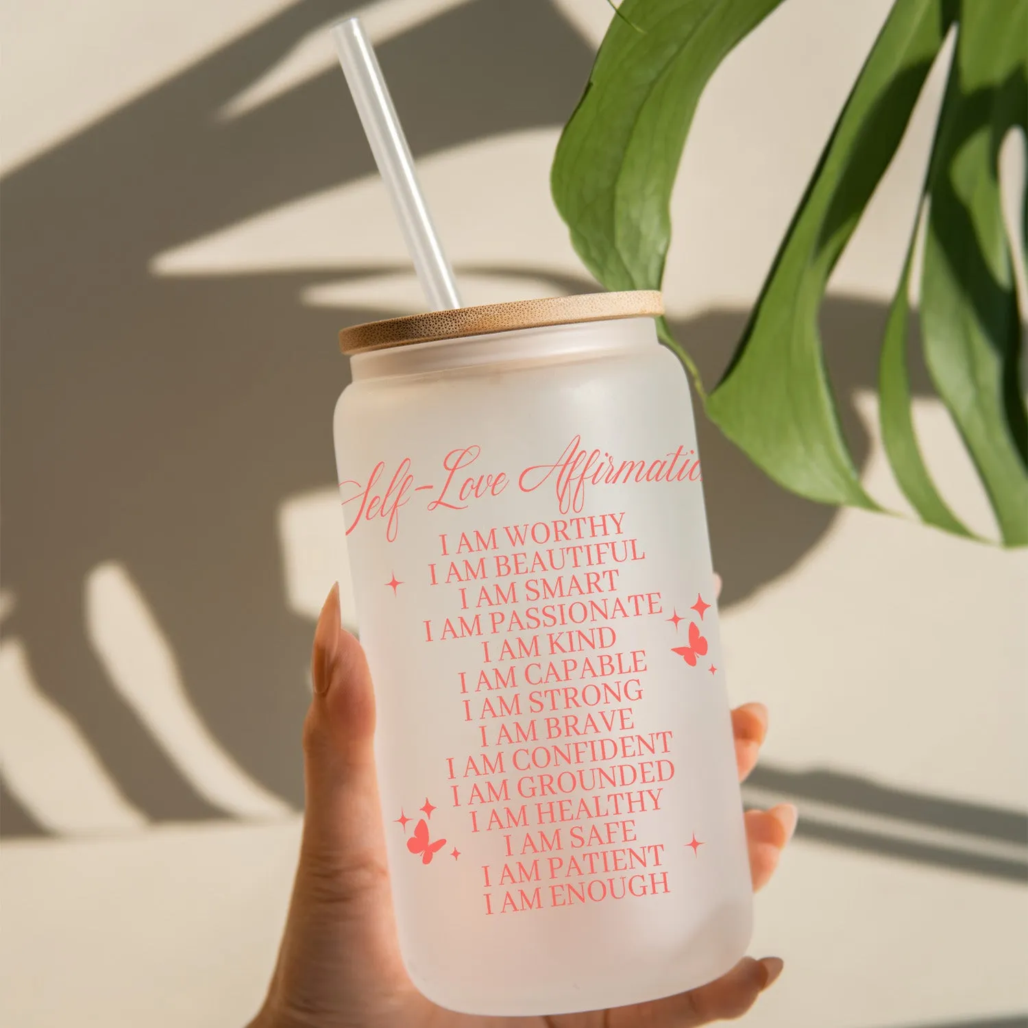 Self Love Affirmations Iced Coffee Glass Can Tumbler - 16oz Inspirational Quotes Coffee Cup - Daily Affirmations