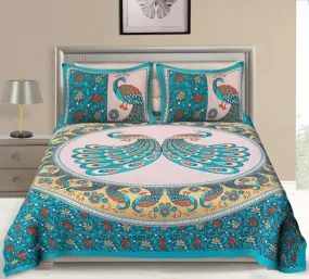 Shivanshi Jaipuri Traditional Luxury Sanganeri Print 144 TC Cotton Double Size Bedsheet with 2 Pillow Covers - Peacock (Green)