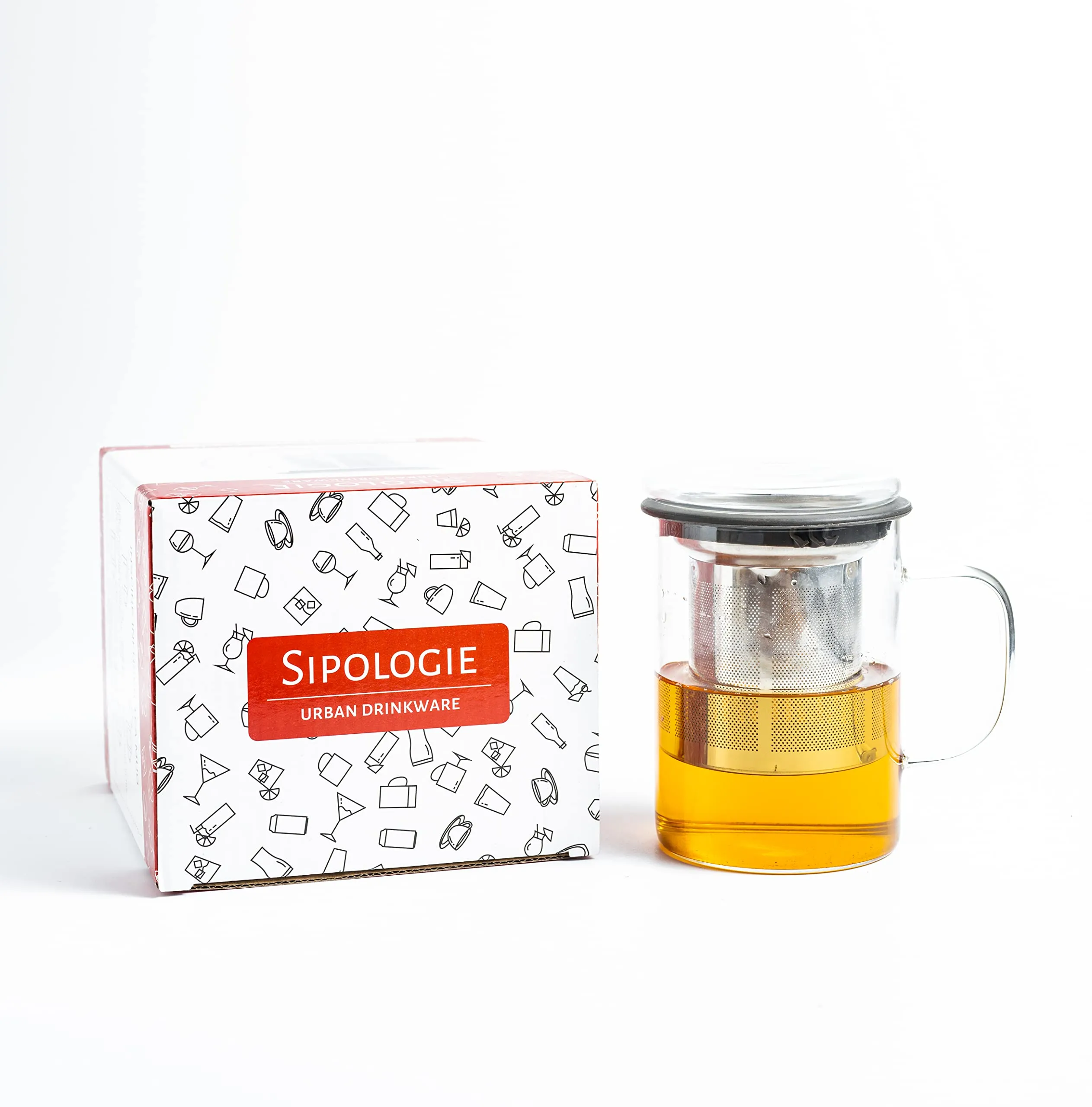 Sipologie Inspire Tea Infuser Mug – Ideal for Brewing Loose-Leaf Tea – Premium Clear Borosilicate Glass Mug with Fine Mesh Stainless Steel Infuser and Dual-Purpose Glass Lid, 350ml