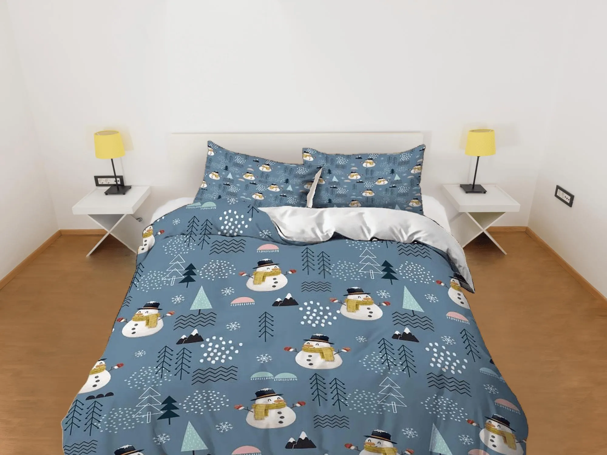 Snowman pattern Christmas bedding & pillowcase holiday gift denim blue duvet cover king queen twin toddler bedding baby Christmas farmhouse