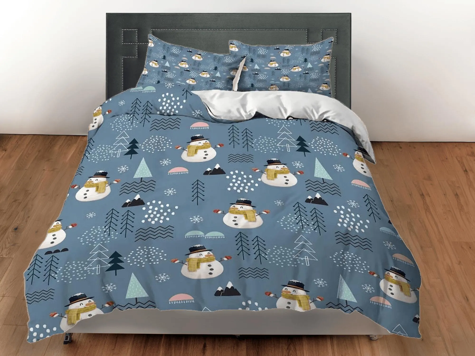 Snowman pattern Christmas bedding & pillowcase holiday gift denim blue duvet cover king queen twin toddler bedding baby Christmas farmhouse