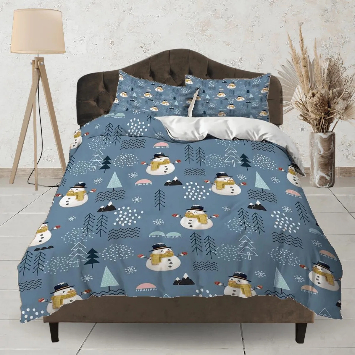 Snowman pattern Christmas bedding & pillowcase holiday gift denim blue duvet cover king queen twin toddler bedding baby Christmas farmhouse