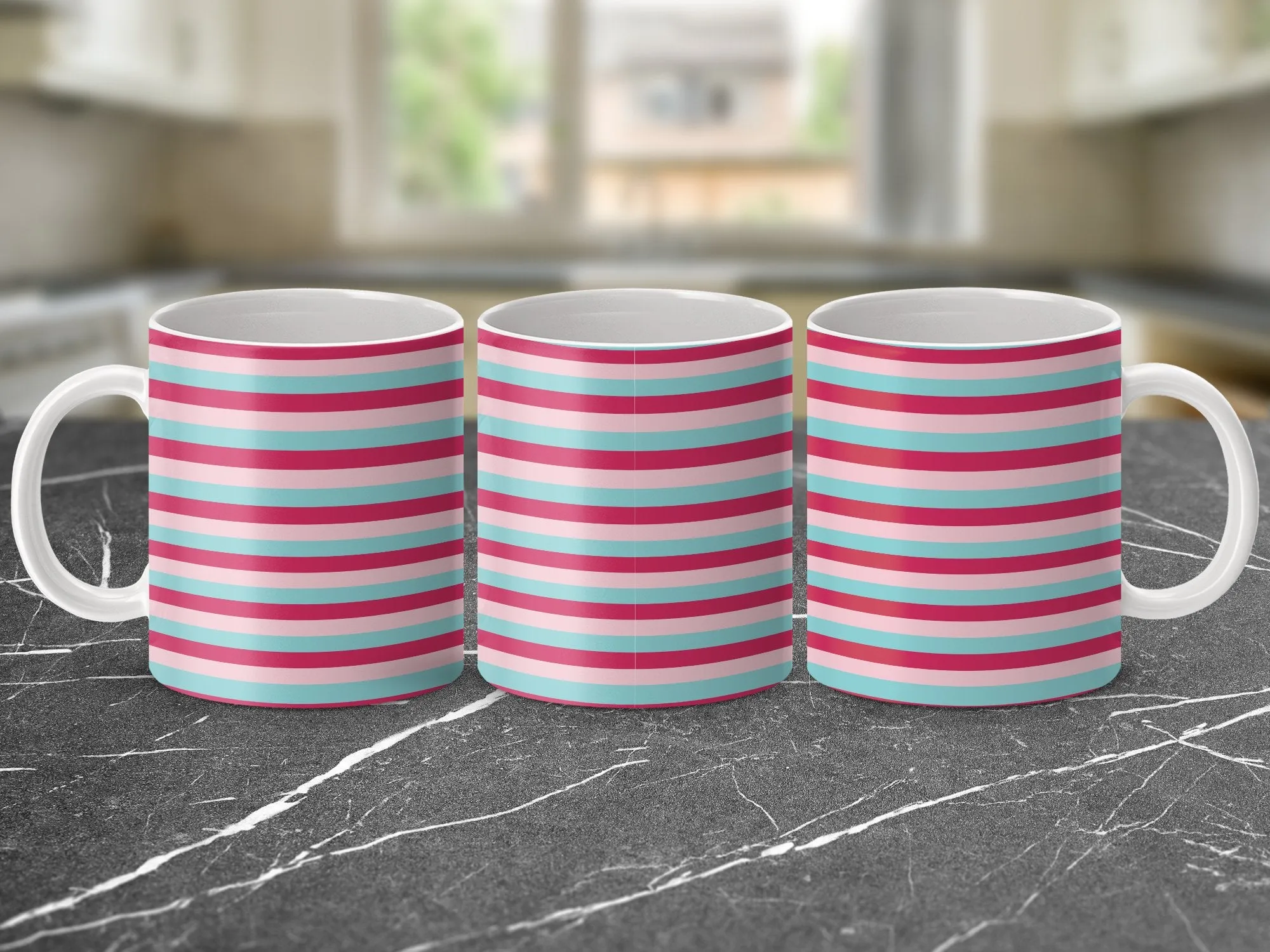 Striped Pattern Mug, Pink and Teal Stripes, Modern Design Coffee Cup, Trendy Home Office Drinkware, Unique Gift Idea, Stylish Ceramic Mug