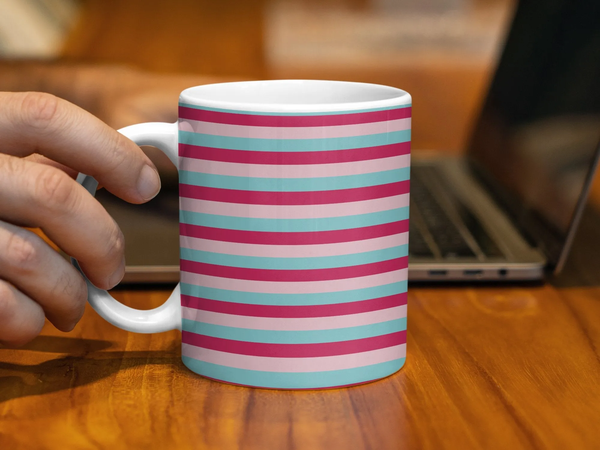 Striped Pattern Mug, Pink and Teal Stripes, Modern Design Coffee Cup, Trendy Home Office Drinkware, Unique Gift Idea, Stylish Ceramic Mug