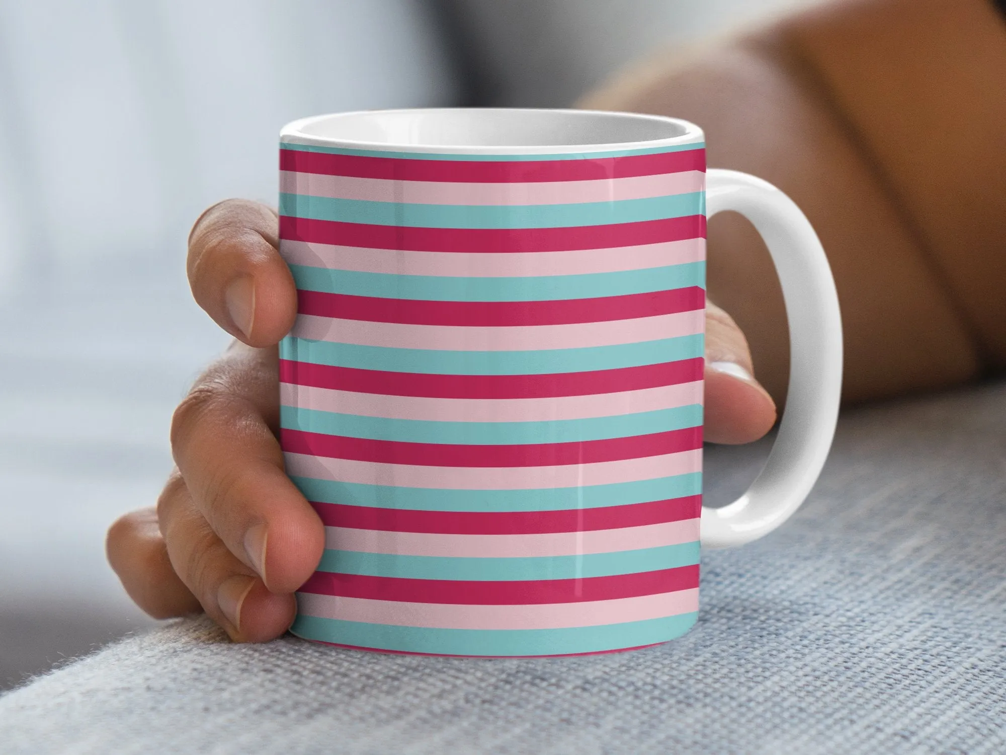 Striped Pattern Mug, Pink and Teal Stripes, Modern Design Coffee Cup, Trendy Home Office Drinkware, Unique Gift Idea, Stylish Ceramic Mug