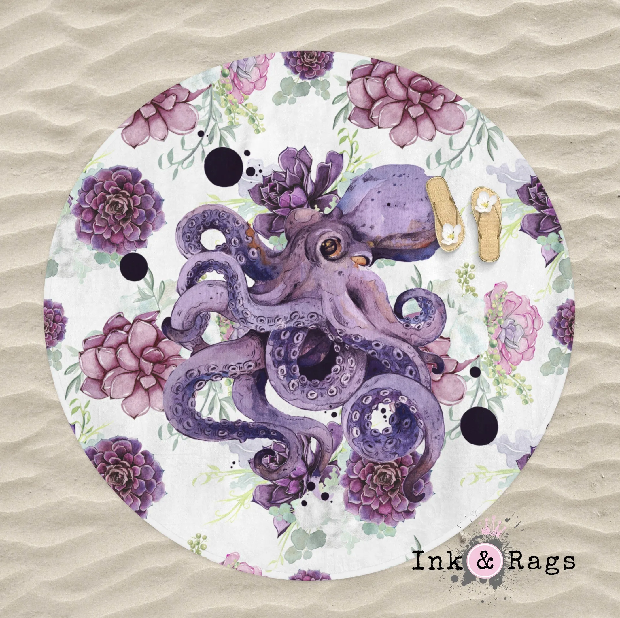 Succulent Octopus Ink Round Beach Towel