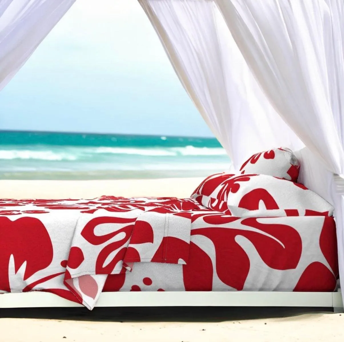 Surfer Red Hawaiian Flowers on White Sheet Set from Surfer Bedding™️ Large Scale