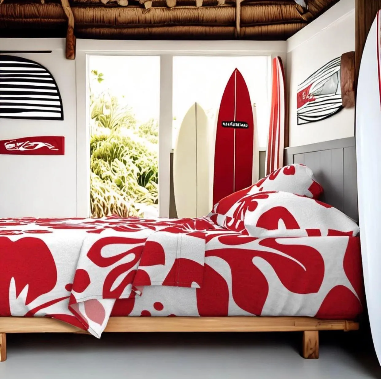 Surfer Red Hawaiian Flowers on White Sheet Set from Surfer Bedding™️ Large Scale