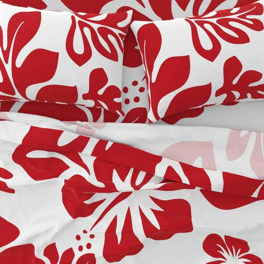 Surfer Red Hawaiian Flowers on White Sheet Set from Surfer Bedding™️ Large Scale