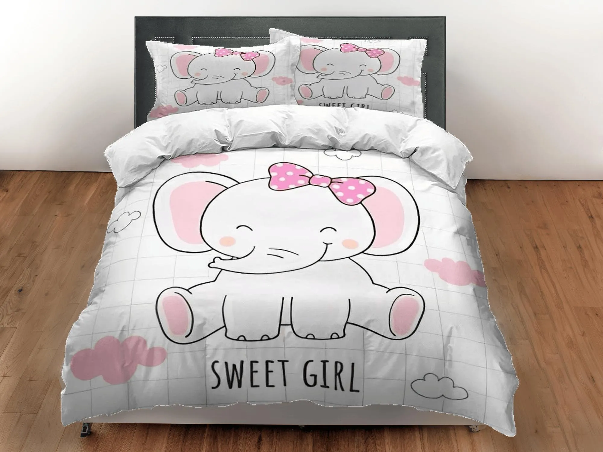 Sweet girl elephant bedding cute duvet cover set, kids bedding full, nursery bed decor, elephant baby shower, girl toddler bedding