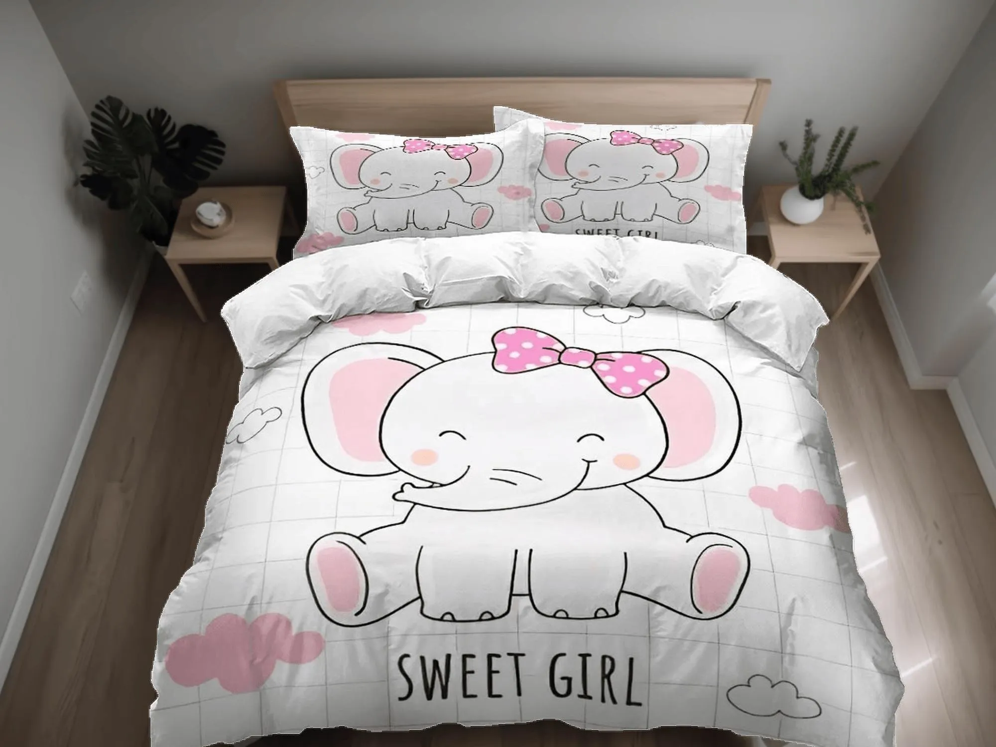 Sweet girl elephant bedding cute duvet cover set, kids bedding full, nursery bed decor, elephant baby shower, girl toddler bedding