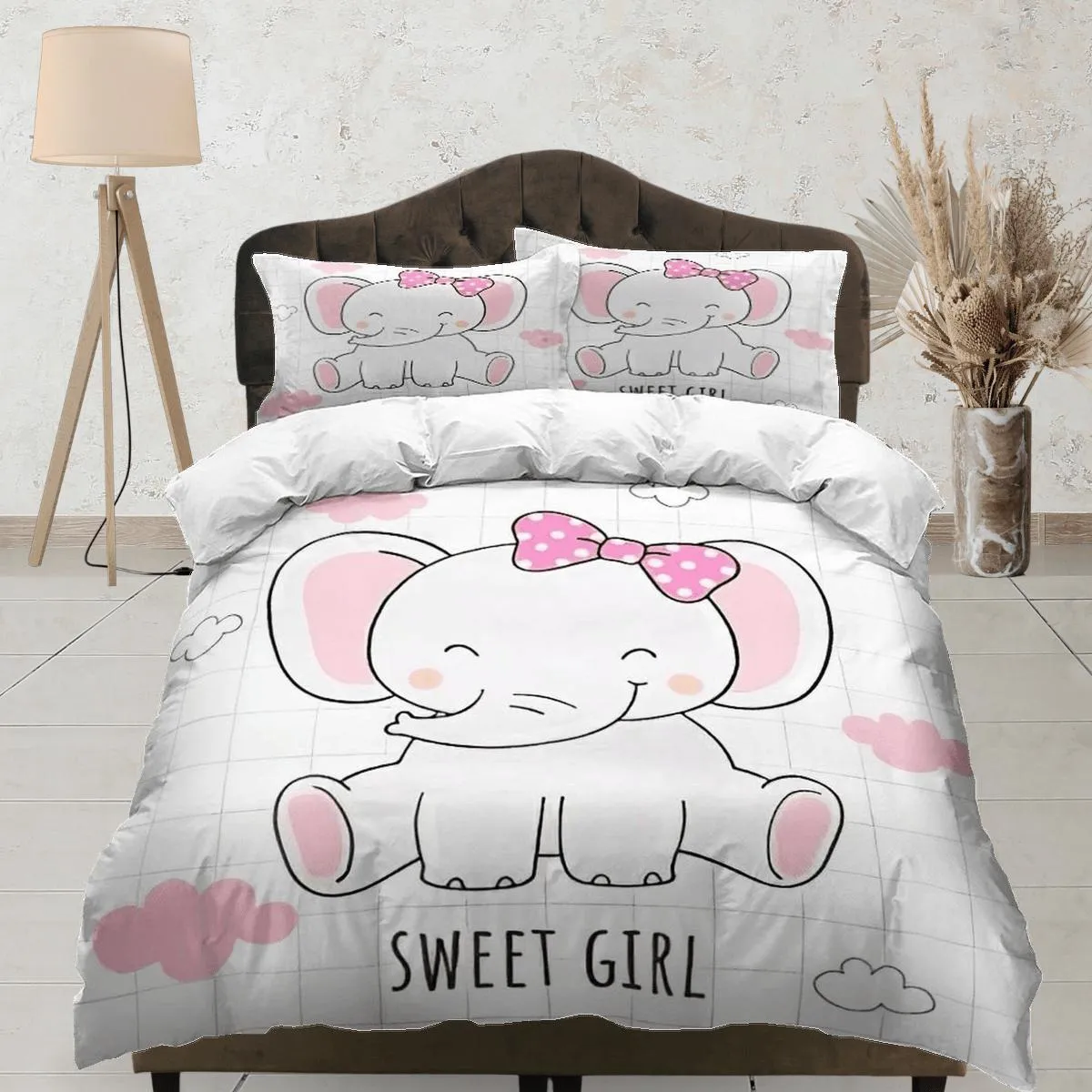 Sweet girl elephant bedding cute duvet cover set, kids bedding full, nursery bed decor, elephant baby shower, girl toddler bedding