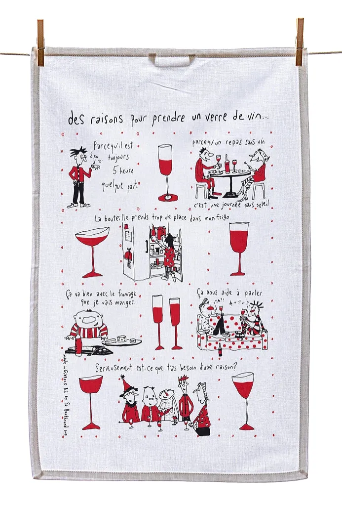 Tea Towel - Reasons to have a glass of wine (English & French)