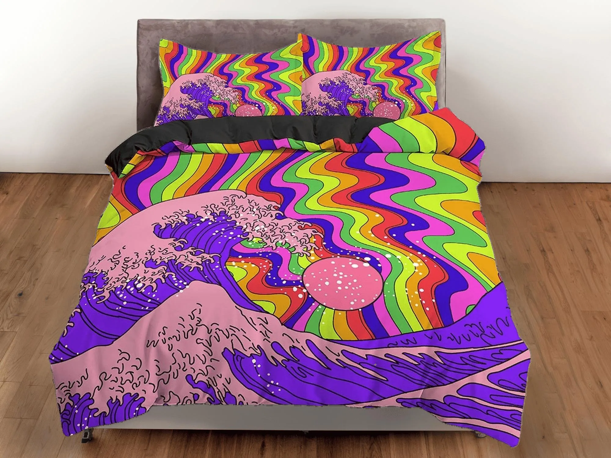 The Great Wave Bedding, Trippy Psychedelic Bedding Retro Vaporwave Hippie Bedding, Aesthetic Duvet Cover King Queen Full Twin Double Single