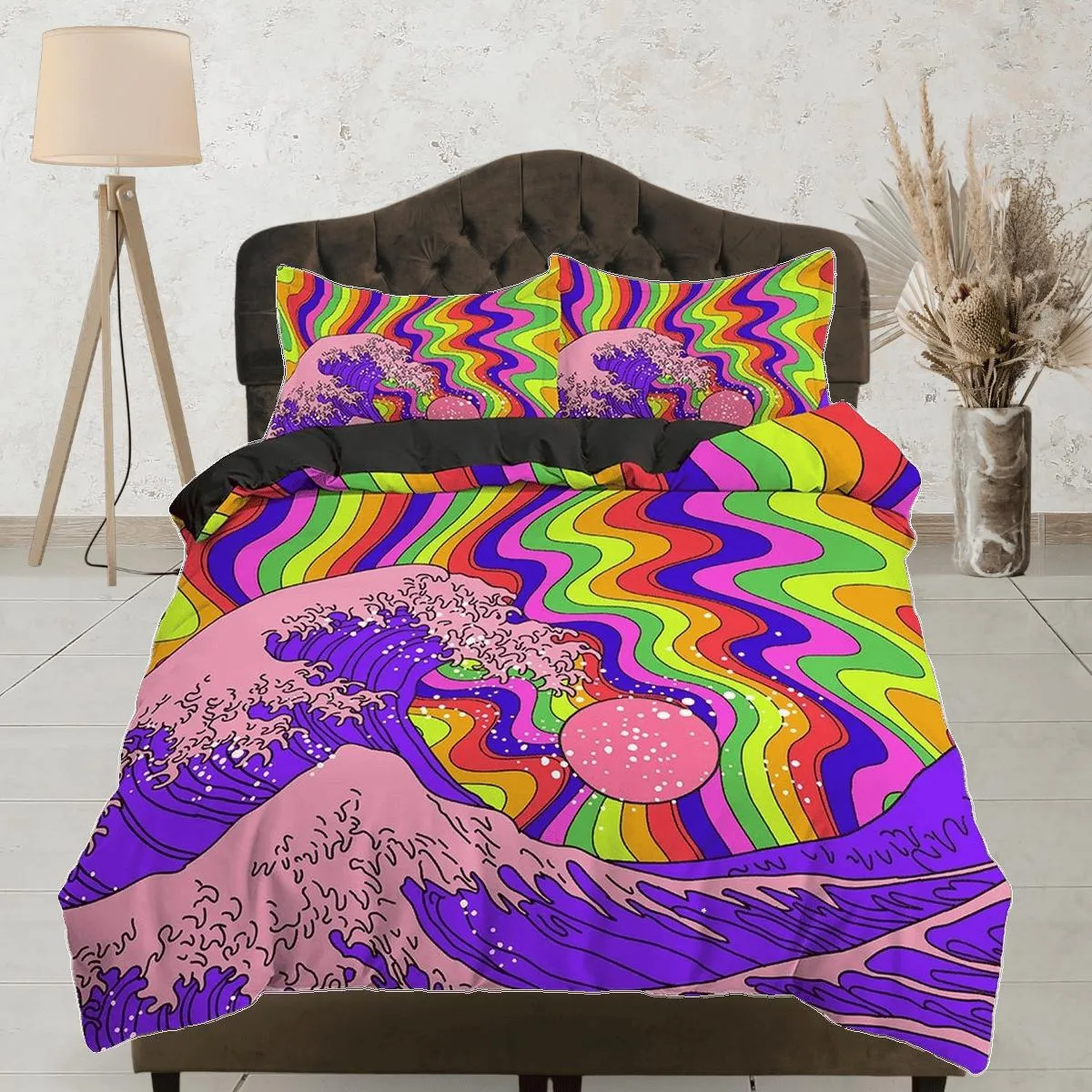 The Great Wave Bedding, Trippy Psychedelic Bedding Retro Vaporwave Hippie Bedding, Aesthetic Duvet Cover King Queen Full Twin Double Single