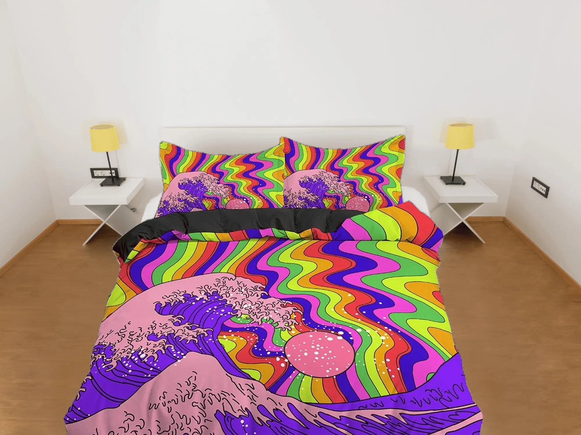 The Great Wave Bedding, Trippy Psychedelic Bedding Retro Vaporwave Hippie Bedding, Aesthetic Duvet Cover King Queen Full Twin Double Single