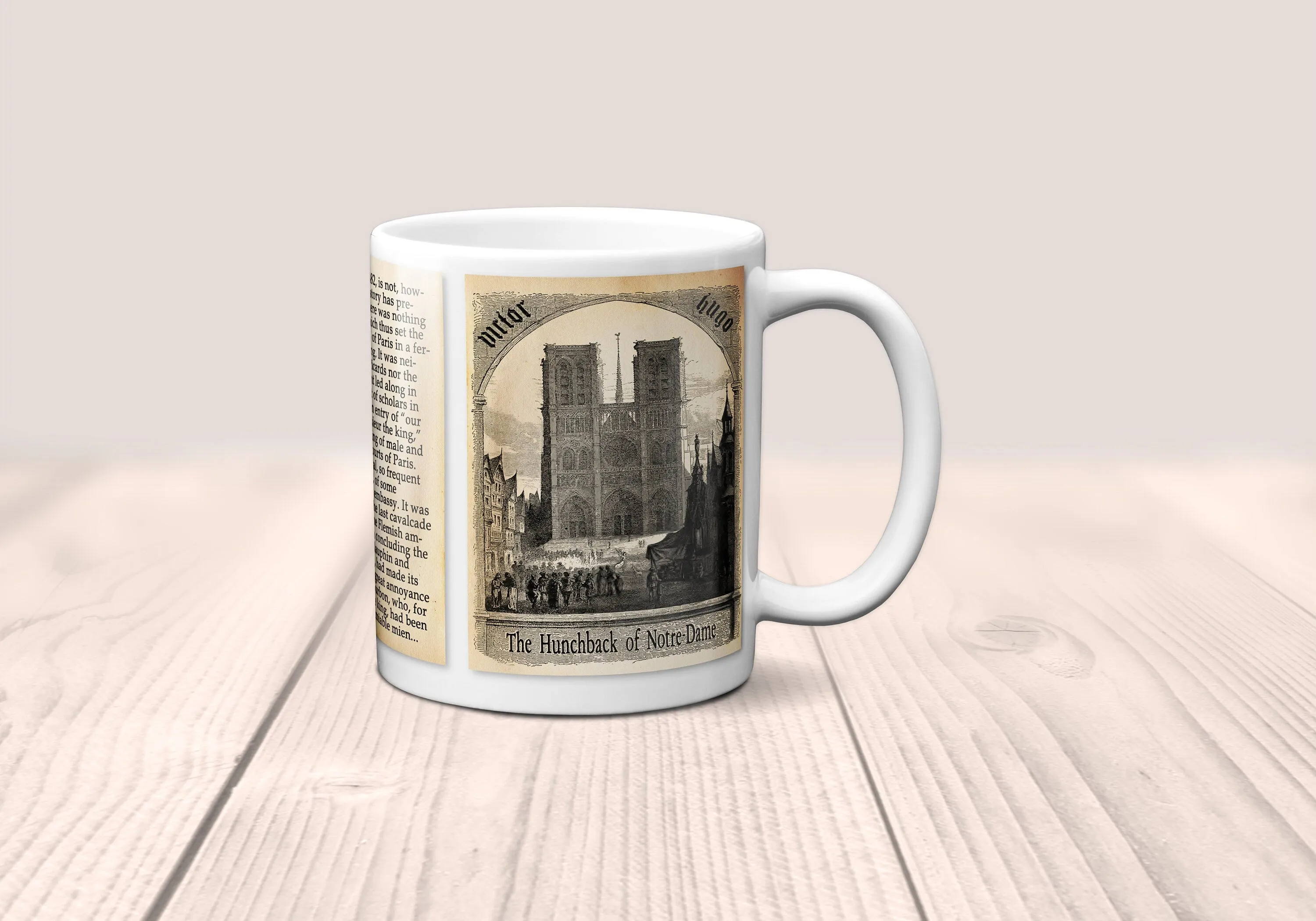 The Hunchback of Notre-Dame (Notre-Dame de Paris) by Victor Hugo Mug. Coffee Mug with Hunchback of Notre-Dame book Title and Book Pages